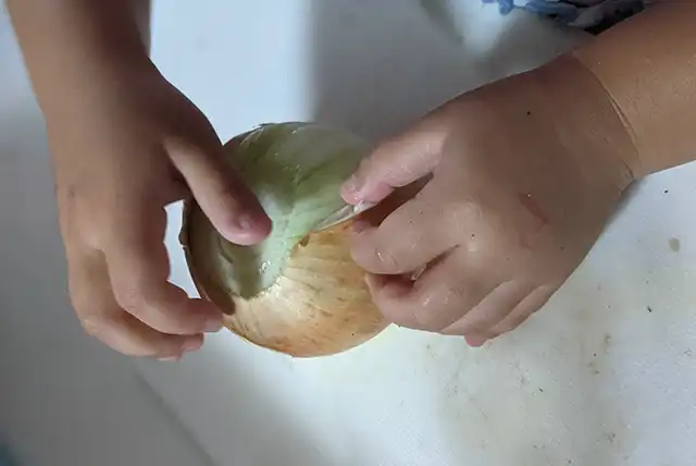 玉ねぎの皮を剥く子供